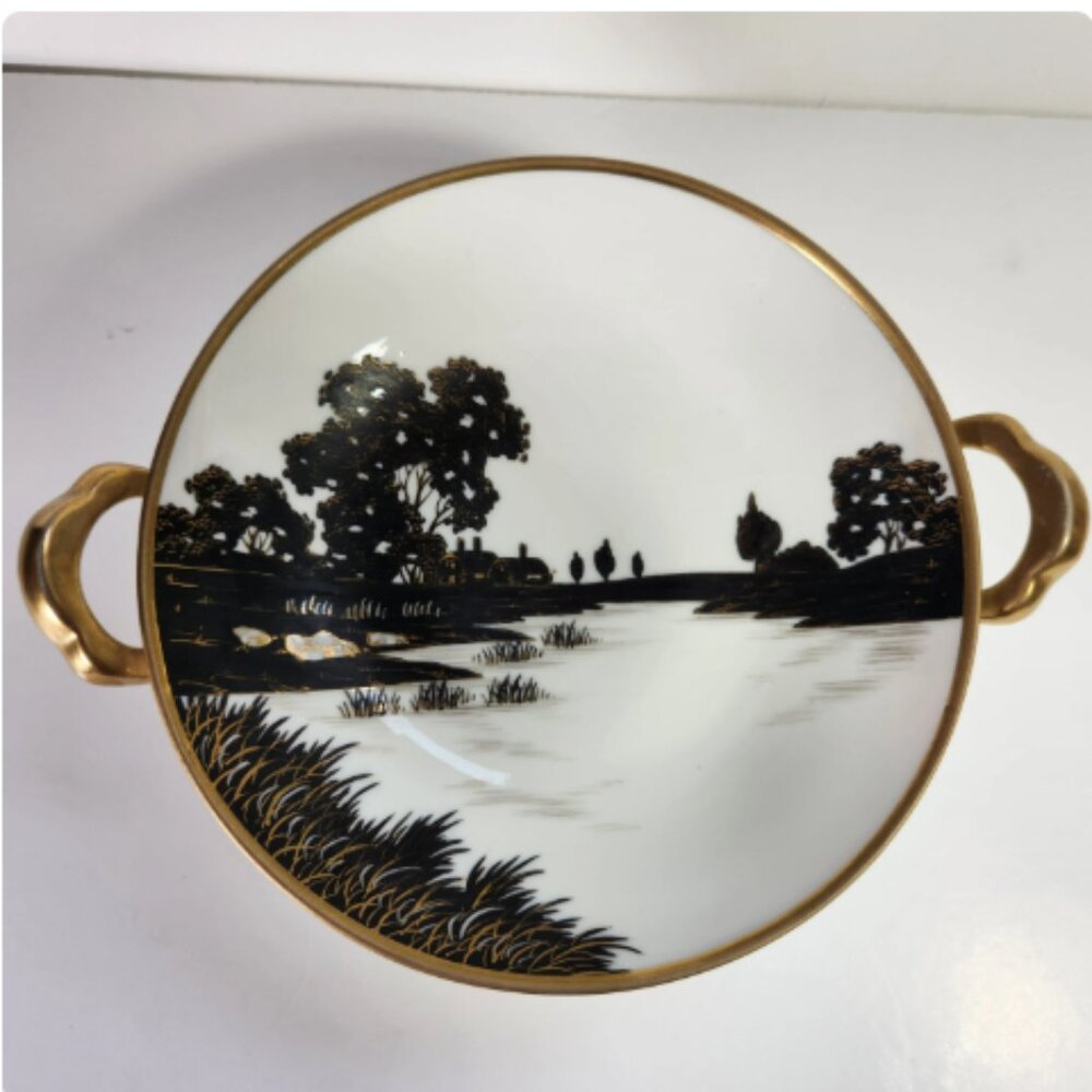 Antique Hand Painted Nippon Dish • Gold Handles • Footed Bowl • 1910s Japan